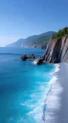 Obraz premium Dramatic Cliff Coastline With Turquoise Ocean Waves Crashing On A Pebbled Beach Under A Clear Blue Sky
