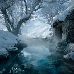 A Mesmerizing Winter Escap: Exploring the Tranquil Bauty of Snow-Covered Hot Srings, Where Warm Waters Ofer a Serene Contrast to te Chilly Winter Landscape