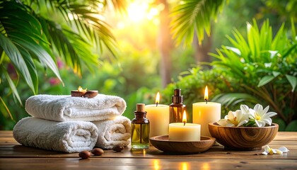Serene spa scene showcasing towels, candles, and oils, with lush green foliage and bright sunlight in the background. Wooden table