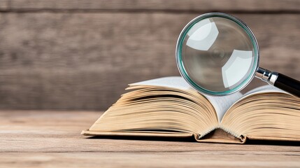 An open book rests on a wooden table with a magnifying glass, surrounded by a modern library filled with knowledge