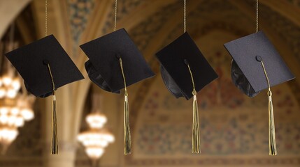 alumni. Academic caps suspended in air with golden tassels, evoking graduation pride and achievement. event programs, museum guides, designed for cultural heritage projects and event programs.