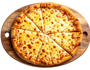 - Freshly Baked Cheese Pizza Slices on Wooden Serving Board, Isolated on Transparent Background