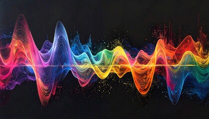 A vibrant artistic depiction of sound waves, rendered in a spectrum of colors, against a dark backdrop. The waves appear to have a reflective symmetry