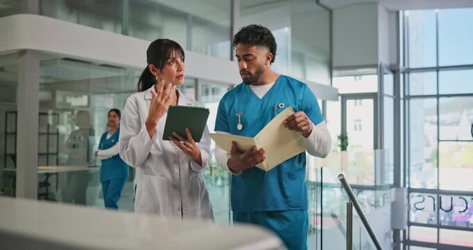 People, doctor and tablet with folder in hospital for medical results, patient history and surgery schedule. Staff, team and document with healthcare report, treatment plan and compliance information