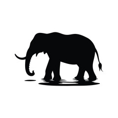 Black silhouette of an elephant drinking or wading in the water, elephant bathing in river silhouette vector illustration