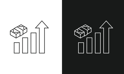 Financial Growth Line Art Icon, Minimalist Bar Chart with Upward Arrow and Money Stack, Modern Vector Symbol for Profit, Revenue, and Investment Success, Black and White Versions.
