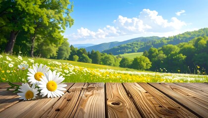 A sun-drenched outdoor scene features a wooden foreground, wildflowers, and rolling hills under a bright blue sky