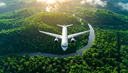 Sustainable aviation fuel concept of flight running on biofuel green energy An aerial view of an airplane flying over green forest plane