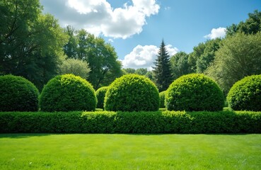 Fototapeta premium Manicured garden yard with bright green grass and round bushes. Lush trees and blue sky with white clouds create beautiful outdoor scene. Perfect lawn area.