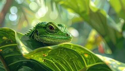 A vibrant, detailed close-up of a green lizard peering from lush, tropical foliage, eyes focused and alert