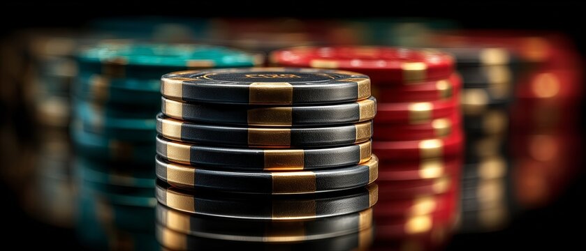 A close-up of stacked poker chips glows with rich colors, symbolizing high stakes and gaming excitement. The image radiates energy, risk, and casino thrill.