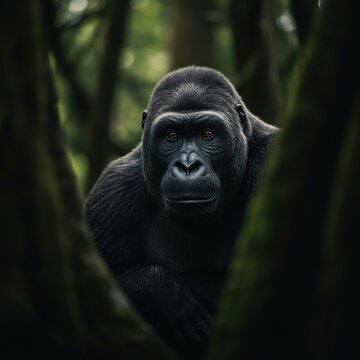 Elusive ape-like creature hidden deep within ancient forests, a legendary mystery of the wild wilderness ,hidden ,tracks ,forest