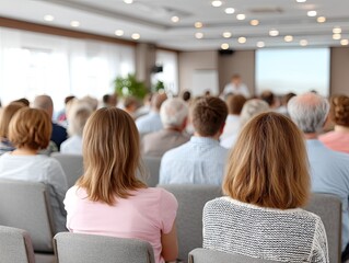 Audience Listens Attentively During Business Presentation In A Bright Conference Room With Natural Light And Projector Screen Displaying Information
