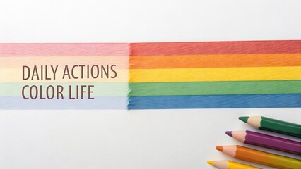 Rainbow gradient strip design with text overlay on white paper