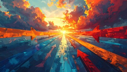 An abstract image of a bright sunset casting its light over an array of arrows, creating a sense of direction and progress