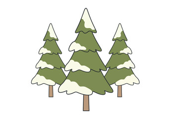 Fototapeta premium A simple illustration of three green evergreen trees covered with white snow, isolated on a white background.