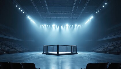 Empty MMA octagon arena. High ceiling lights shine on fight cage. Dark stadium seats surround fighting ring. Combat sport battleground waits.