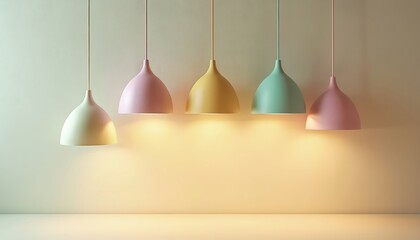 Fototapeta premium Group of five pastel colored dome lamps hang on cords. Soft light illuminates the wall behind, creating a warm cozy atmosphere in empty room.
