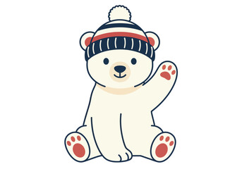 Naklejka premium A cute cartoon polar bear sitting down and waving while wearing a striped winter beanie with a pom-pom.
