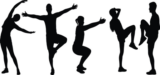 Fitness silhouettes performing dynamic exercises, yoga, balance, stretching, squats, dance poses, and aerobic workout moves on white background, active lifestyle cone silhouettes per for