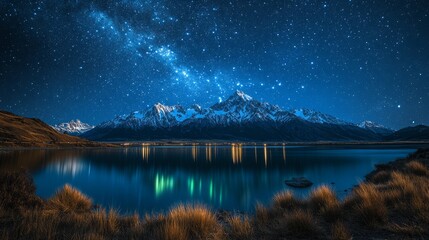 Starlit snow-capped peaks reflect in a serene lake, creating a breathtaking and wondrous view at night
