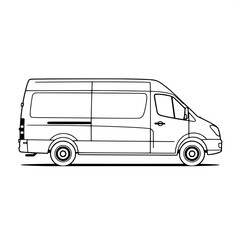 &ldquo;A minimalist black and white line drawing of a cargo van, side profile, facing right. The design uses thick, even lines on a white background, with no shading or textures. The van has a boxy cargo se