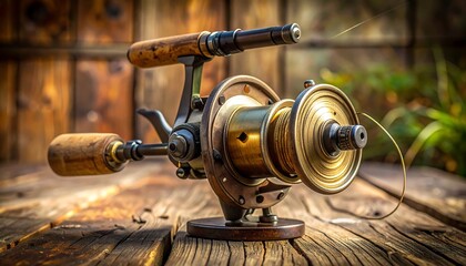 Close-up of a vintage fishing reel with wood handle, sits on a wooden surface against a blurred background