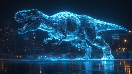 A stunning hologram of a Tyrannosaurus rex is showcased, illuminating the night city with its futuristic presence
