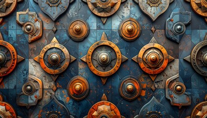 Ornate, metallic, geometric pattern. Repeating elements of circles and starbursts in aged bronze and blue tones, creating a textured surface