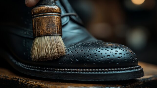 An artisan carefully polishes a classic black shoe, showcasing the tradition of leatherwork in a cozy workshop