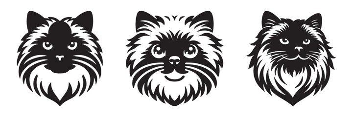 Three stylized cat faces in black and white perfect for design.