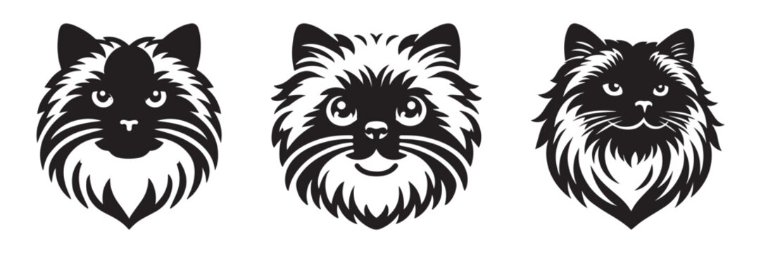 Three stylized cat faces in black and white perfect for design.