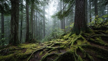Misty forest floor with massive tree roots