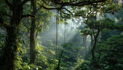 Lush rainforest canopy bathed in sunlight