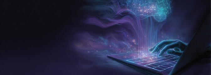 A glowing brain above a laptop keyboard