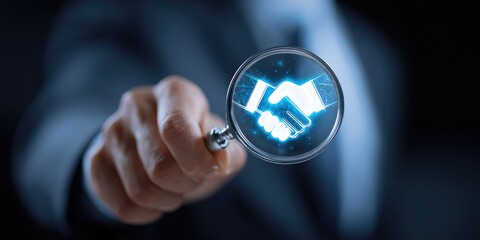 Hand holding magnifying glass with digital handshake icon