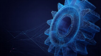 Obraz premium Digital wireframe gear with connections on dark blue background.