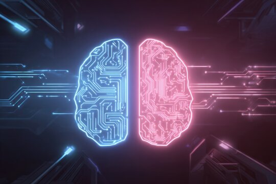 Two halves of a glowing brain, circuit board design - Powered by Adobe