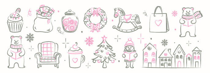 Chalk Christmas doodles set with bears, gifts, tree, wreath, rocking horse, and cozy winter elements in pink and gray. Hand drawn crayon illustration for cute festive holiday design.