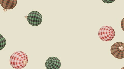 Horizontal 3d Christmas tree New Year falling ornaments baubles plaid gingham tartan checkered red green beige background pastel pattern spherical glossy matte metallic vintage retro cozy fest holiday