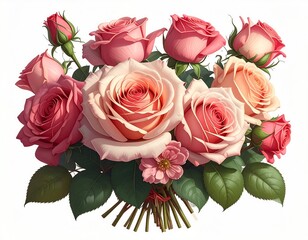 A delicate bouquet of various pink roses, featuring open blooms and budding flowers, arranged with green leaves and stems