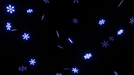 Horizontal 3d Christmas New Year winter snowflakes falling electric luminous blue neon glow light dark black background night sky festive holiday december abstract modern minimal copy space scattered © Alesya