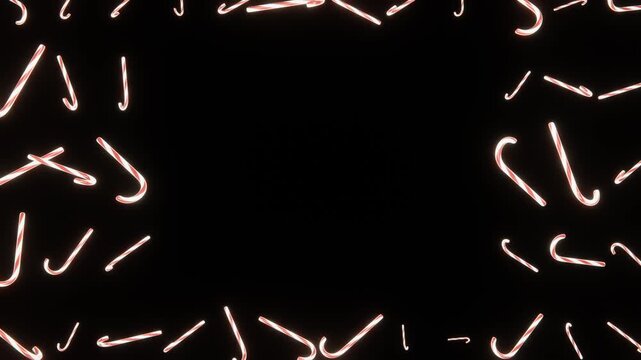 Horizontal 3d Christmas New Year candy cane peppermint frame border copy space loop animation striped red white glow neon festive winter black background minimal banner greeting card mockup merry Xmas