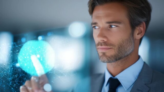 A professional man in a suit uses a virtual touchscreen, symbolizing digital transformation and advanced technology. The scene highlights innovation, business growth, and future oriented solutions
