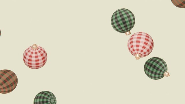 Horizontal 3d Christmas tree New Year falling ornaments baubles loop animation plaid gingham tartan checkered red green beige background pastel pattern spherical matte metallic vintage retro holiday