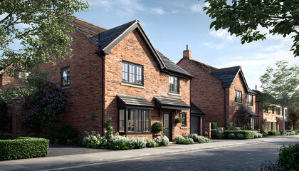 Row of modern brick detached houses line quiet suburban street. New home features green lawn, neat bushes. Paved road extends with young trees, hedge. Afternoon sun illuminates residential property
