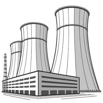 Stylized illustration of a cooling tower power plant with three large hyperboloid structures and a factory building