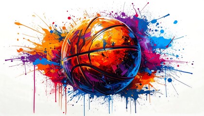 A vibrant artistic depiction of a basketball engulfed in a colorful explosion of paint splatters against a white backdrop