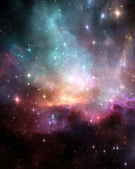 Fototapeta premium Colorful cosmic nebula with glowing stars and bright interstellar clouds creating mystical and vast space scene full of wonder and depth