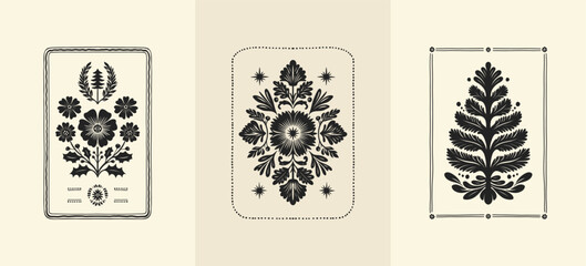 Merry Christmas and Happy New Year illustration, for greeting cards, posters, holiday covers. Xmas festive linocut black hand drawn.